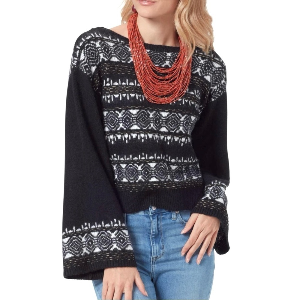 Sam Edelman Black Fair Isle Metallic Sweater Scoop Back Wide Sleeve Women XS NWT